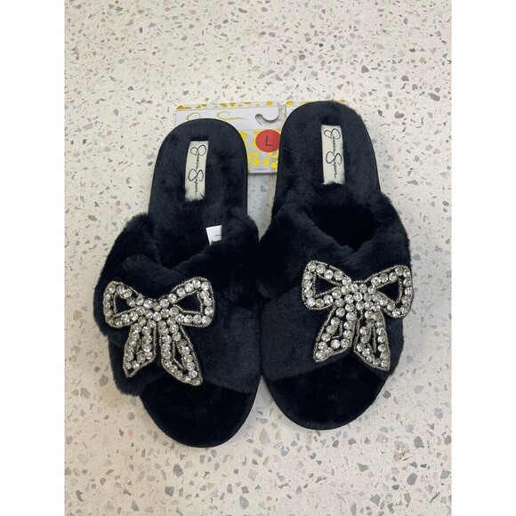 Coquette Shoes - NWT Slippers Women L 8 9 Bow Fuzzy Whimsigoth Black Coquette Festive Gift Fairy